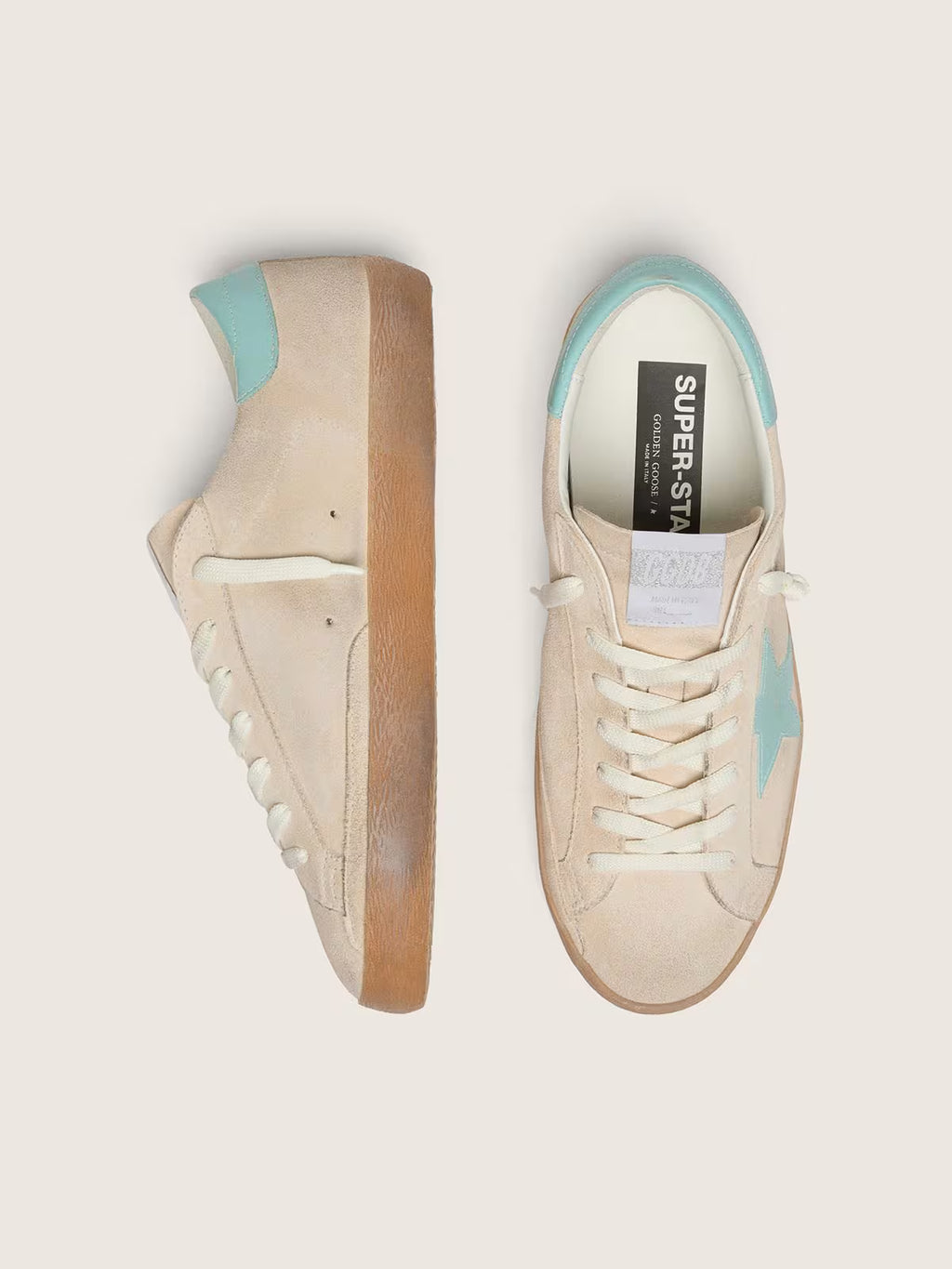 Golden Goose Super-Star in beige suede with aqua-green star
