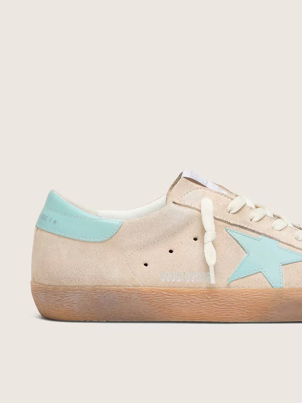 Golden Goose Super-Star in beige suede with aqua-green star