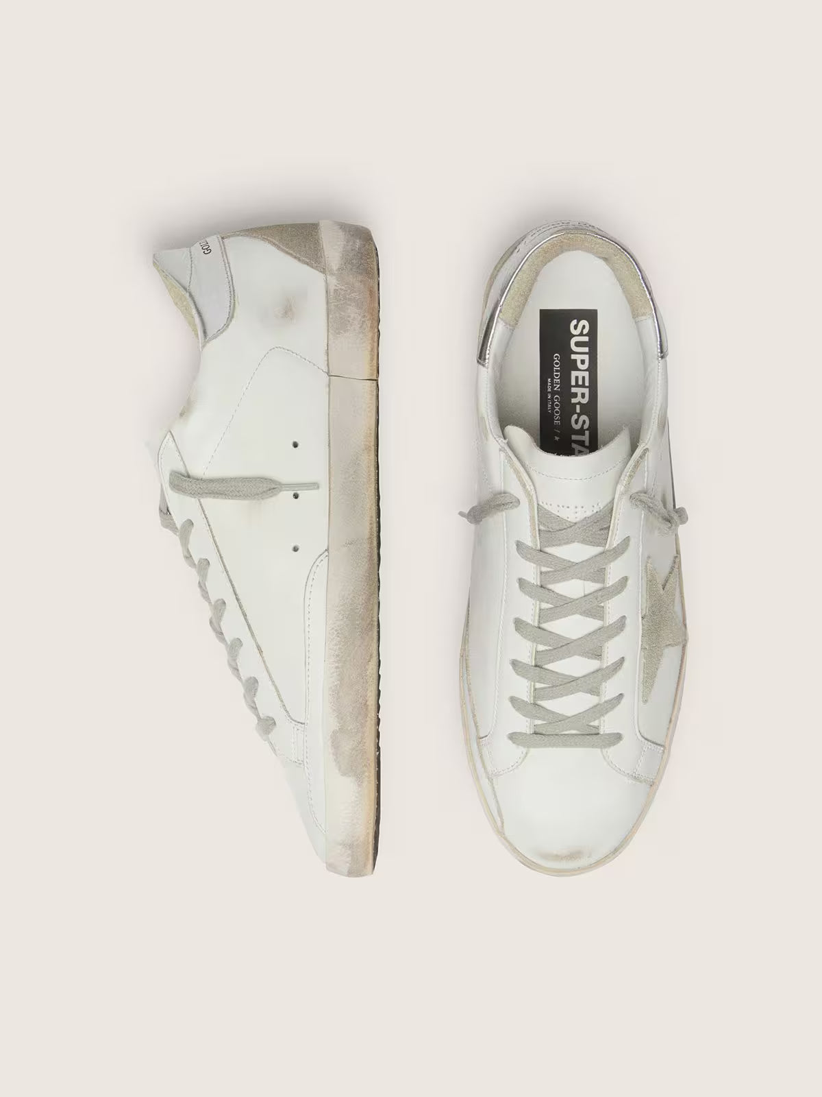 Golden Goose Super-Star with silver heel tab and lettering