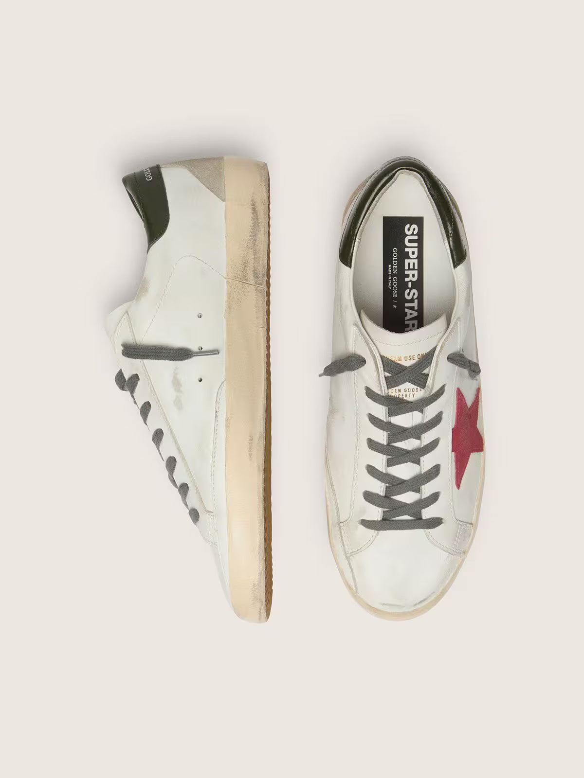 Golden Goose Super-Star with red suede star and green leather heel tab