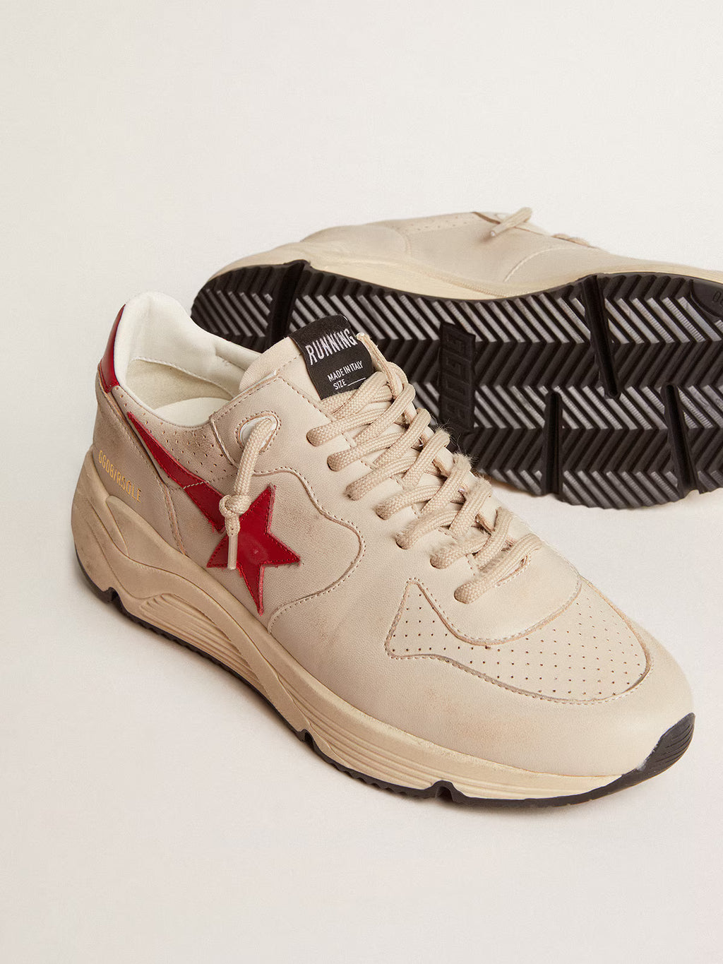 Golden Goose Running Sole in gray morn nappa leather with red nappa leather star and heel tab