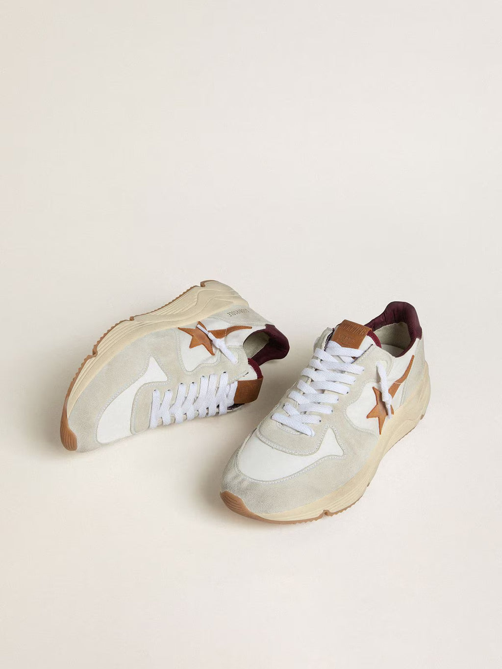 Golden Goose Running Sole in nylon and suede with brown leather star and burgundy leather heel tab