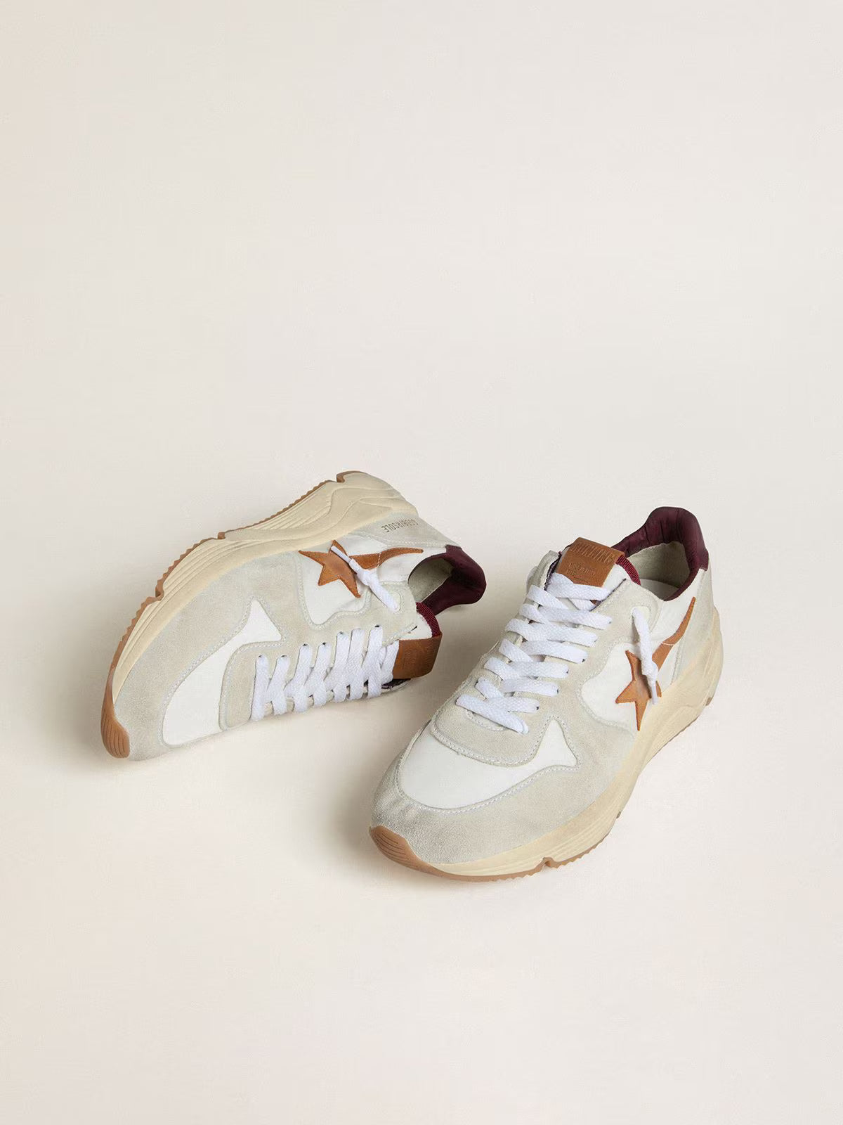 Golden Goose Running Sole in nylon and suede with brown leather star and burgundy leather heel tab