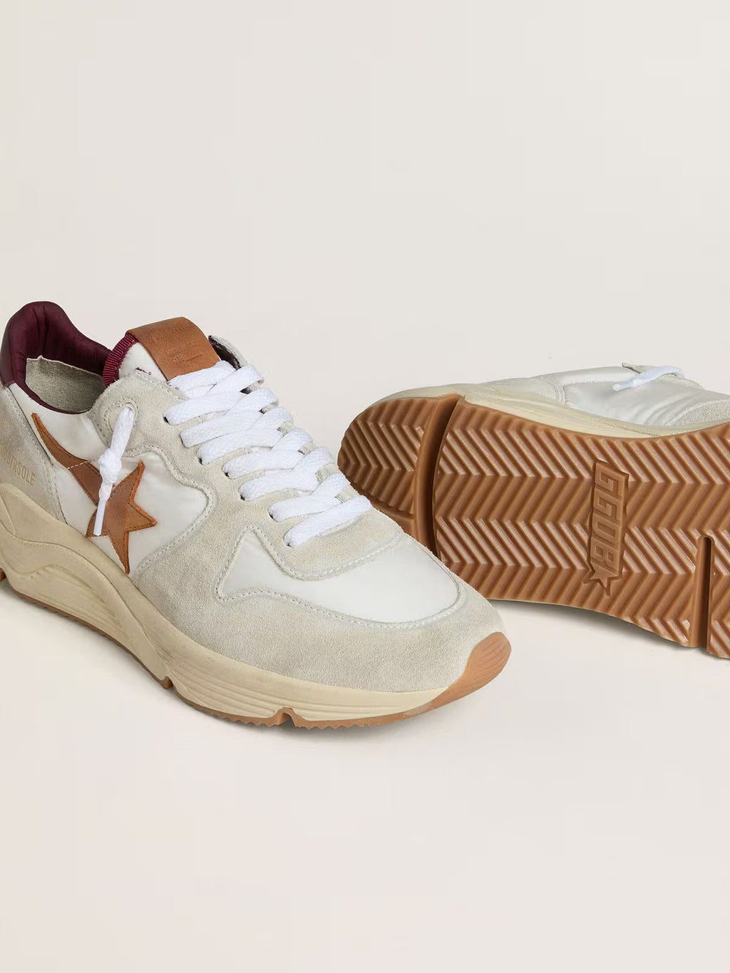Golden Goose Running Sole in nylon and suede with brown leather star and burgundy leather heel tab