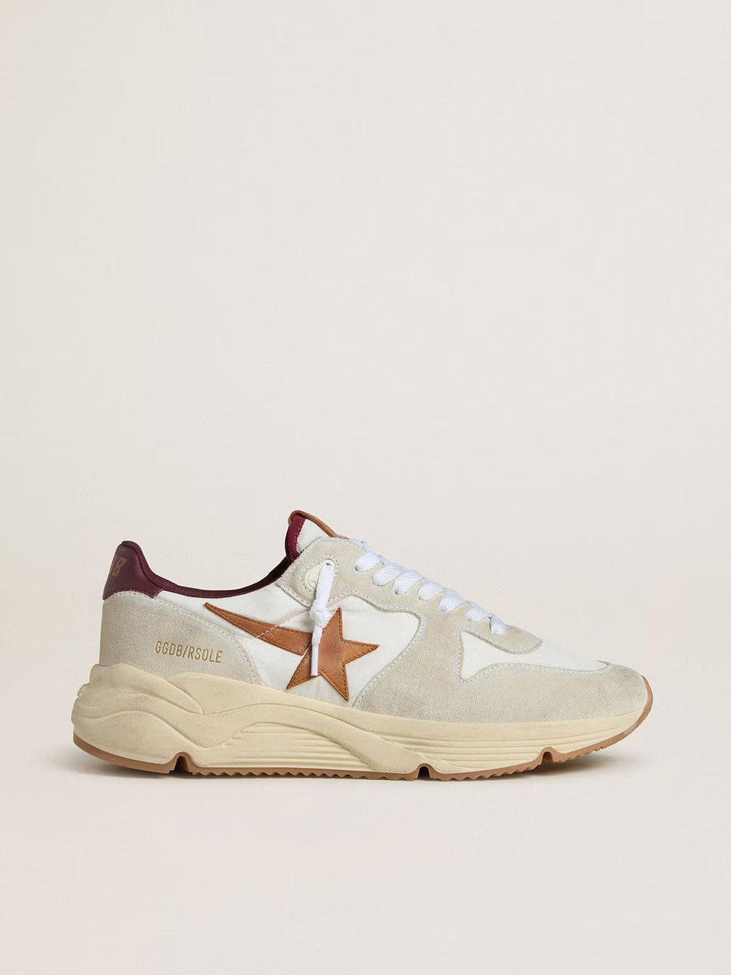 Golden Goose Running Sole in nylon and suede with brown leather star and burgundy leather heel tab