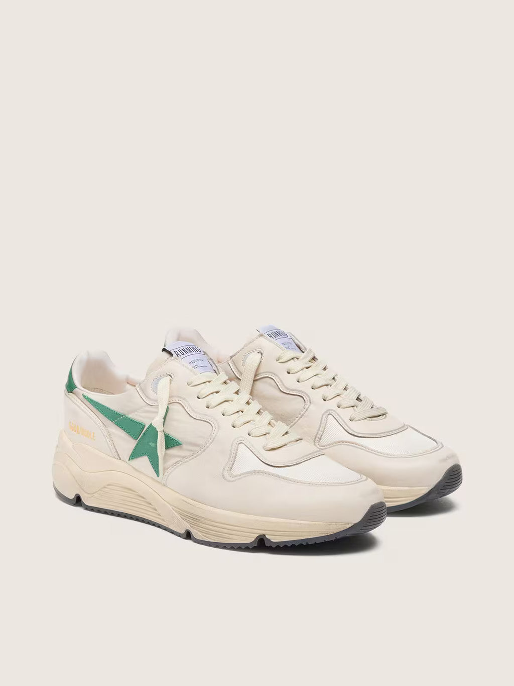 Golden Goose Running Sole in cream nylon and leather with green leather star
