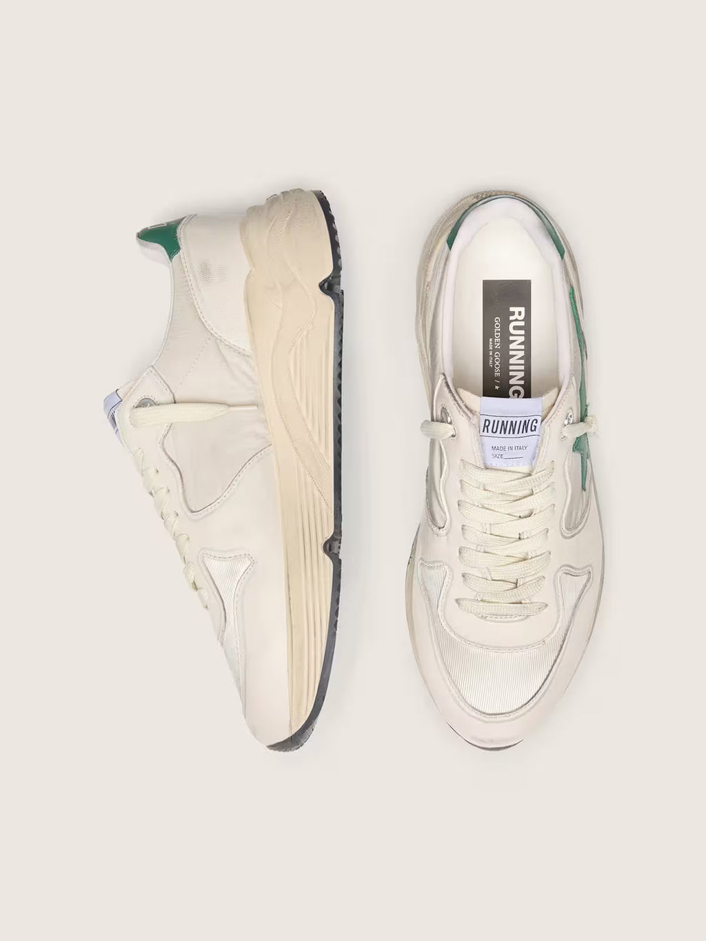 Golden Goose Running Sole in cream nylon and leather with green leather star