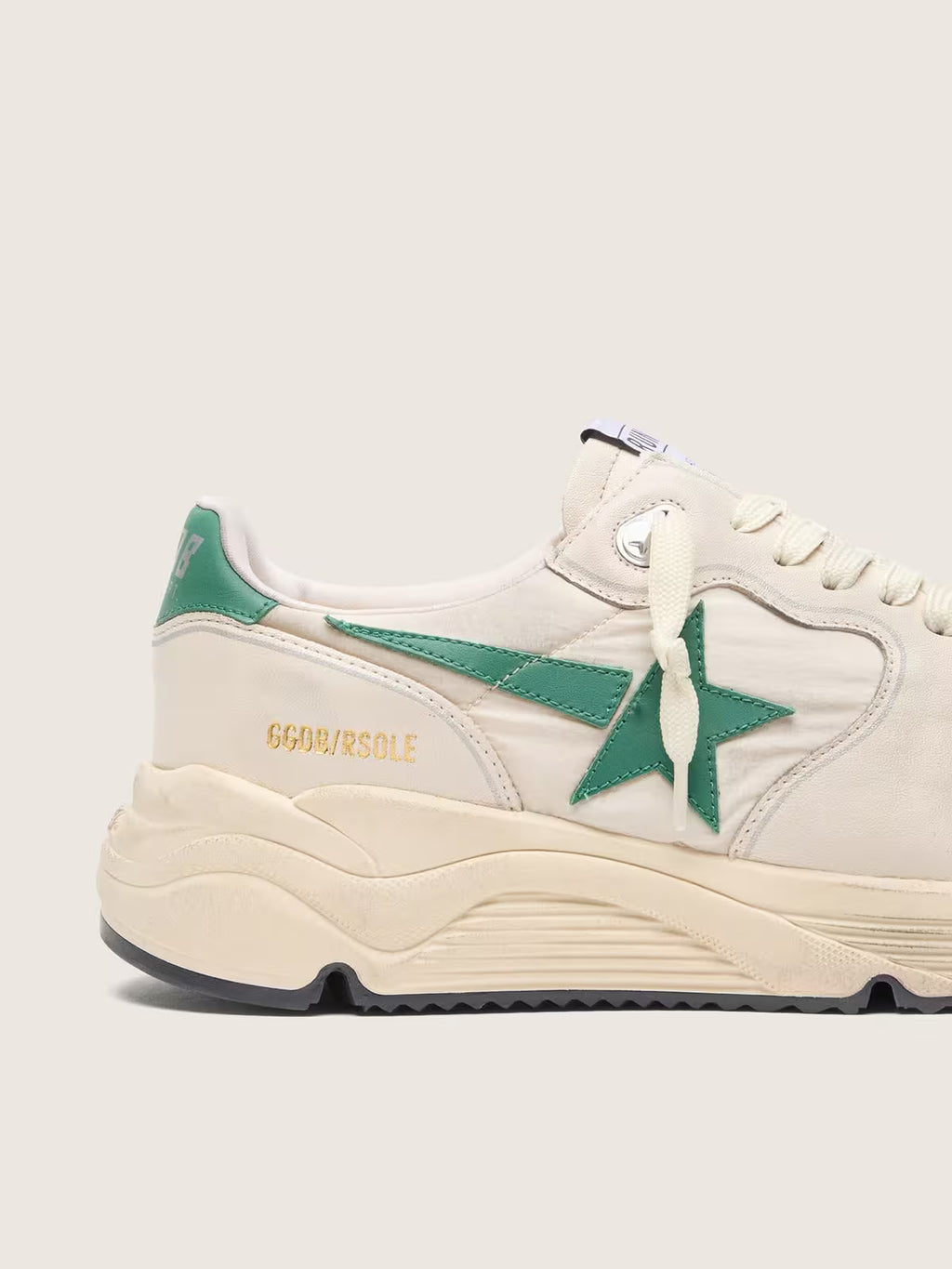 Golden Goose Running Sole in cream nylon and leather with green leather star