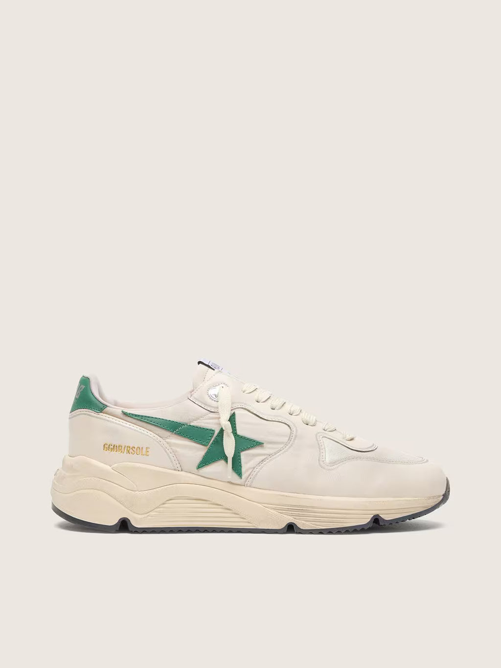 Golden Goose Running Sole in cream nylon and leather with green leather star