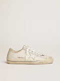 Golden Goose V-Star in white leather with white star and light blue stripe on the foxing