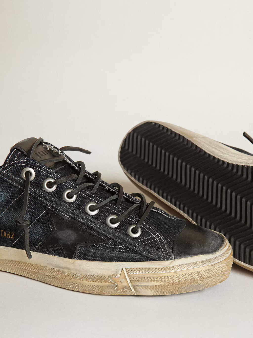 Golden Goose V-Star sneakers in midnight-blue denim with black leather star and toe