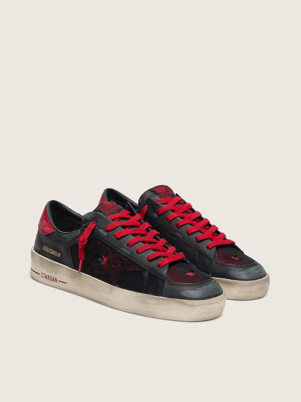 Golden Goose Stardan in black leather with red star and black mesh and red leather inserts