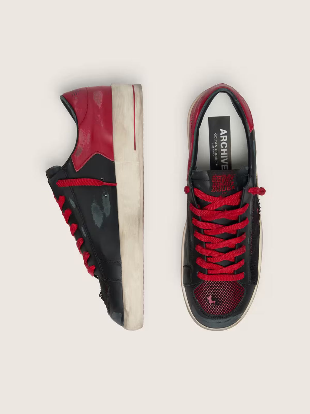 Golden Goose Stardan in black leather with red star and black mesh and red leather inserts