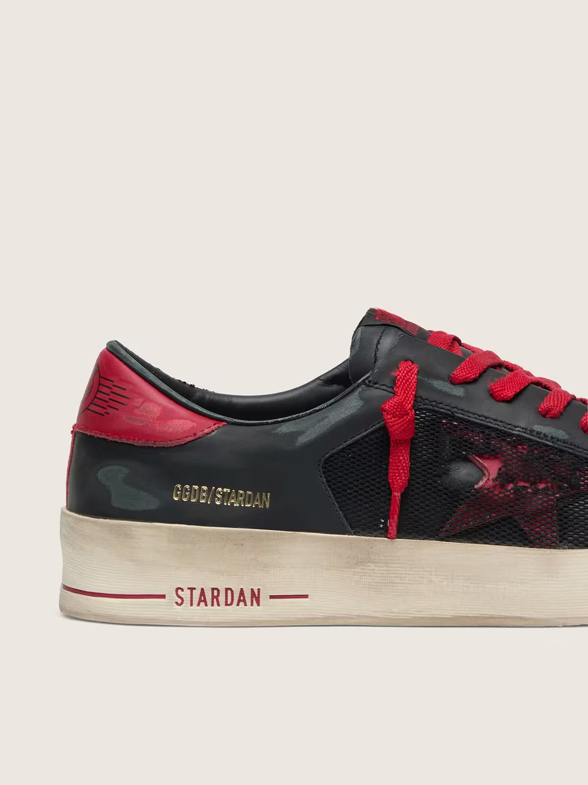 Golden Goose Stardan in black leather with red star and black mesh and red leather inserts