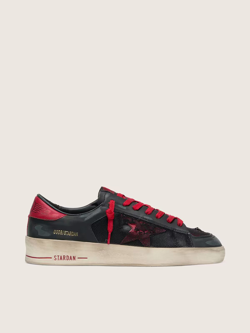 Golden Goose Stardan in black leather with red star and black mesh and red leather inserts