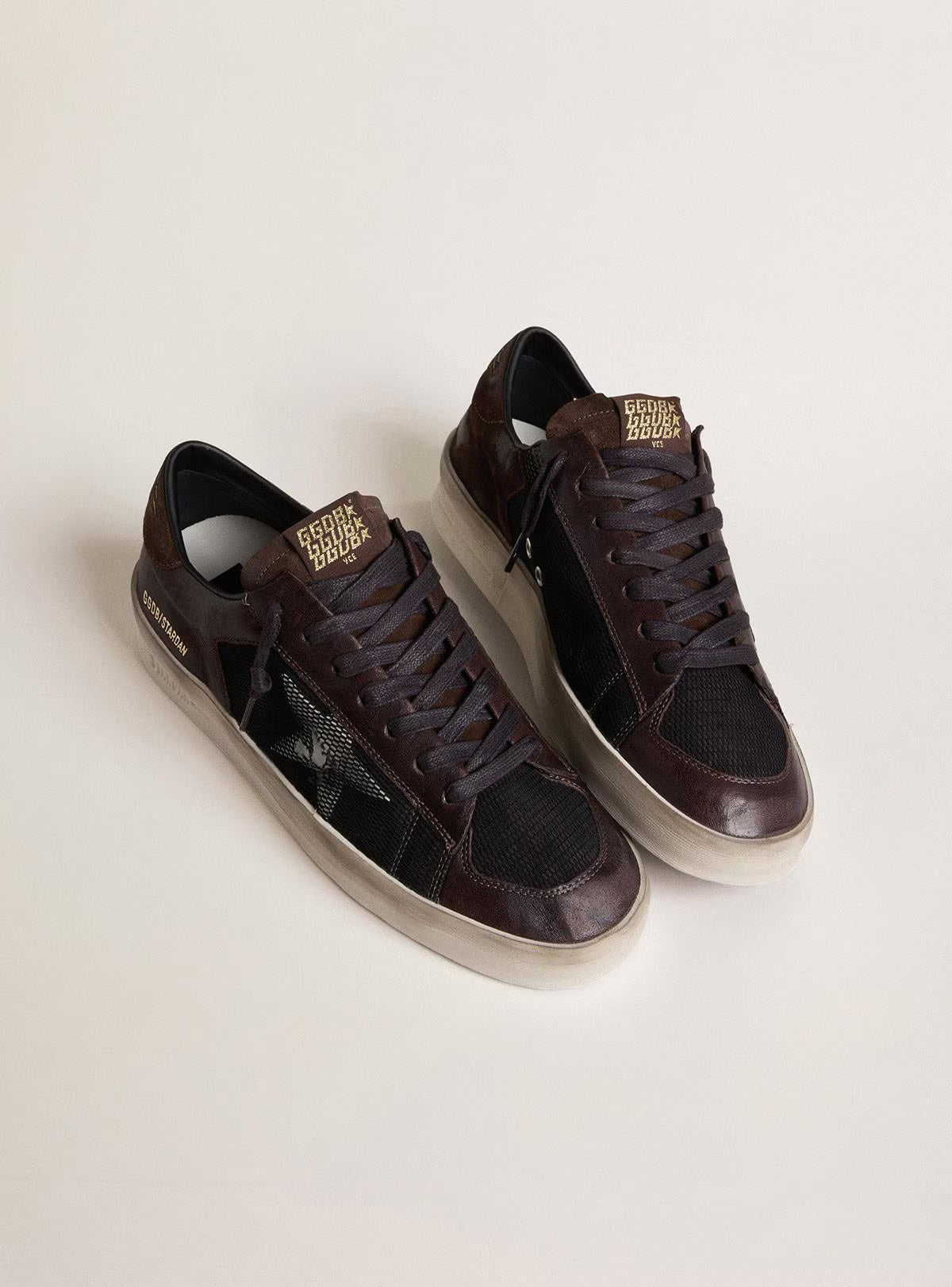 Golden Goose Stardan in brown suede and black mesh with white leather star and nappa leather inserts
