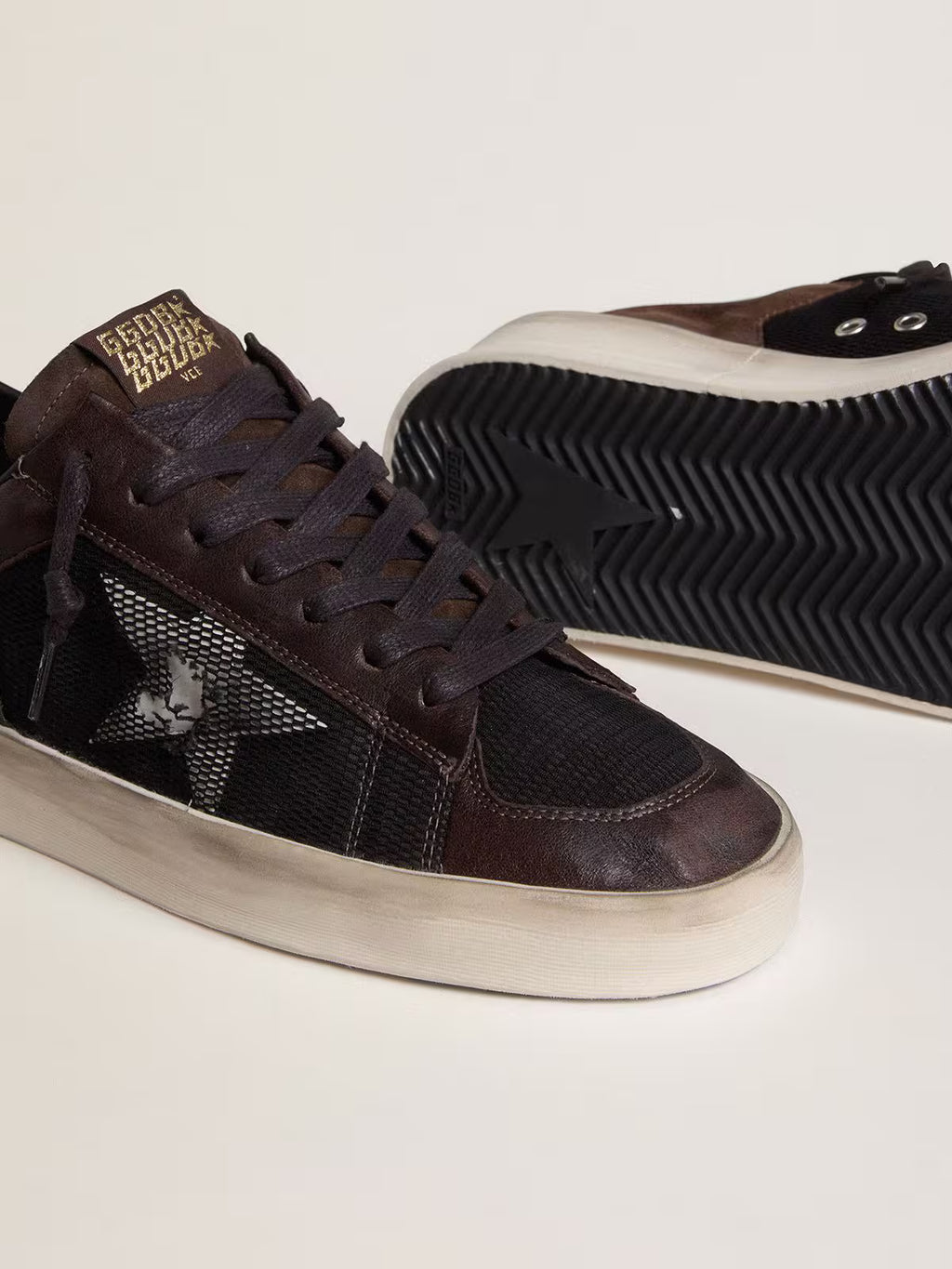 Golden Goose Stardan in brown suede and black mesh with white leather star and nappa leather inserts