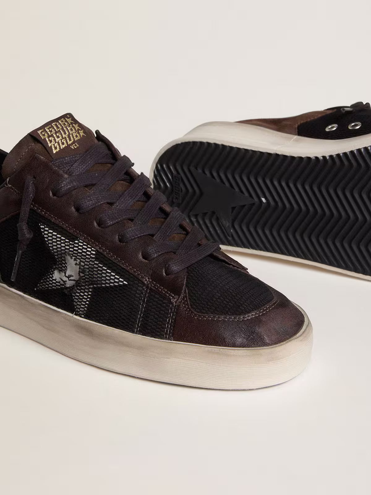 Golden Goose Stardan in brown suede and black mesh with white leather star and nappa leather inserts