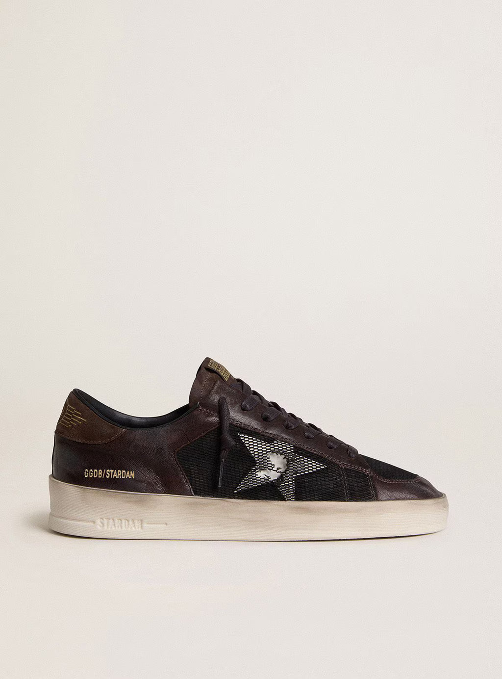 Golden Goose Stardan in brown suede and black mesh with white leather star and nappa leather inserts