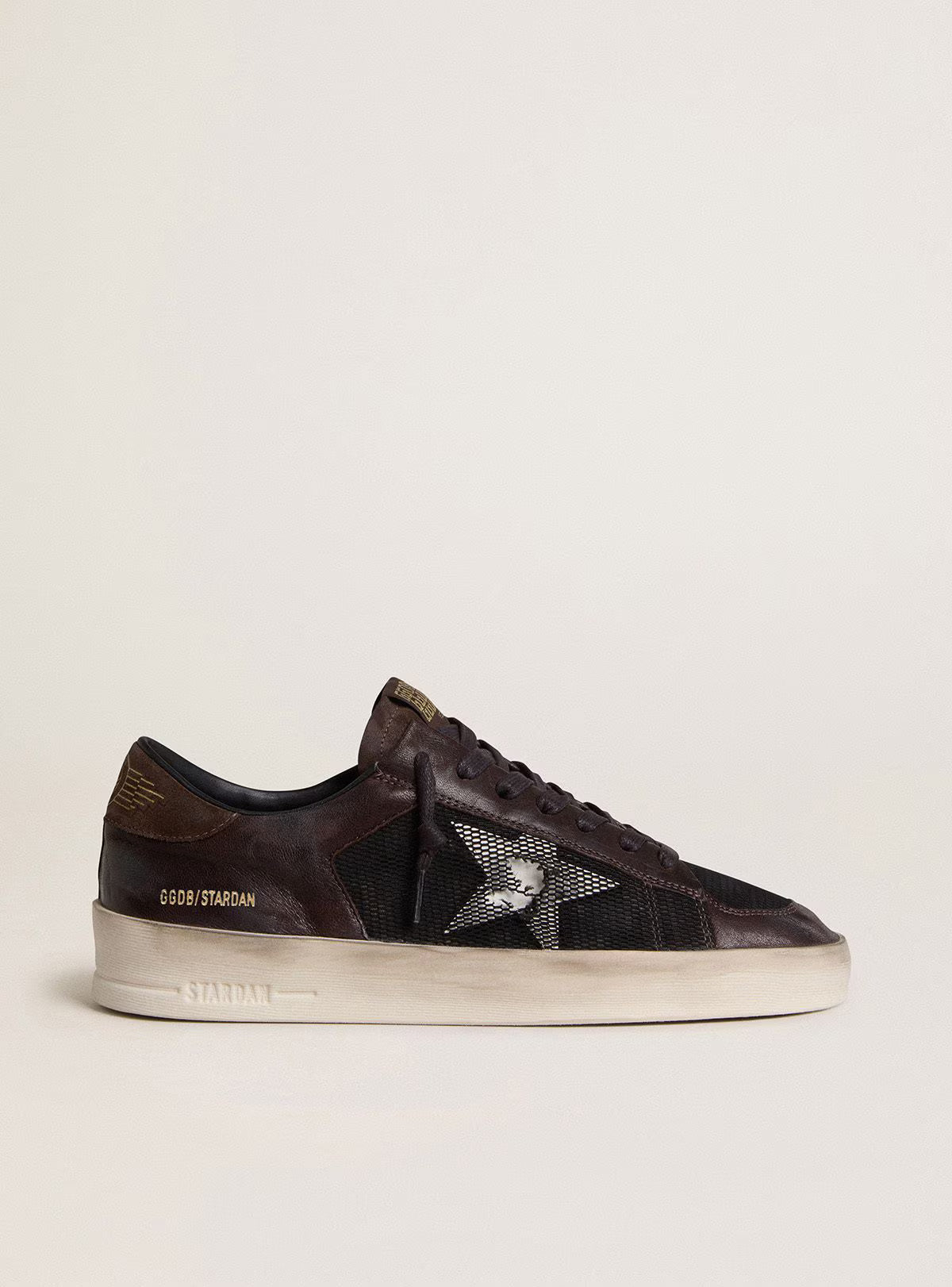 Golden Goose Stardan in brown suede and black mesh with white leather star and nappa leather inserts
