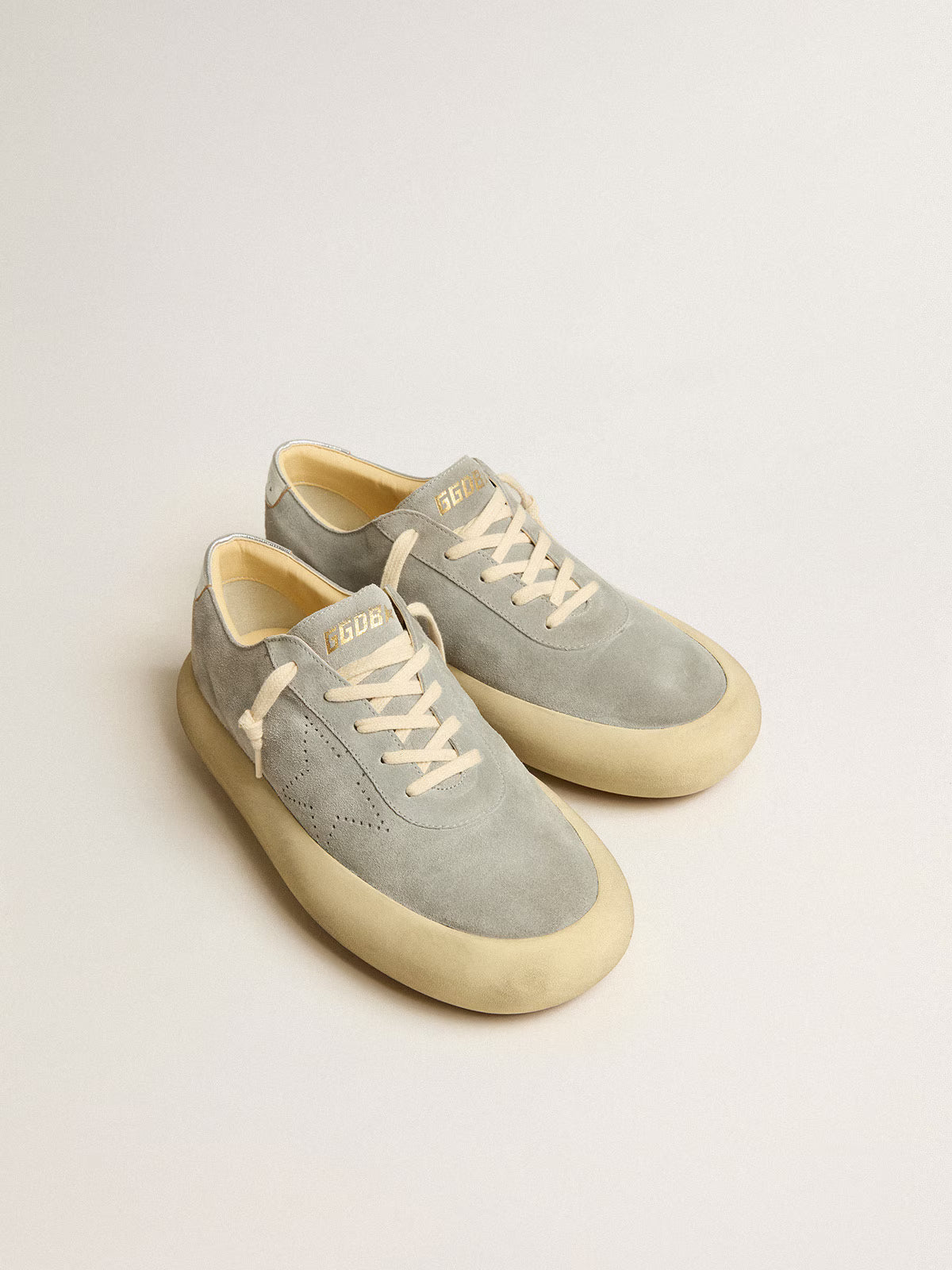 Golden Goose Space-Star shoes in ice-gray suede with perforated star