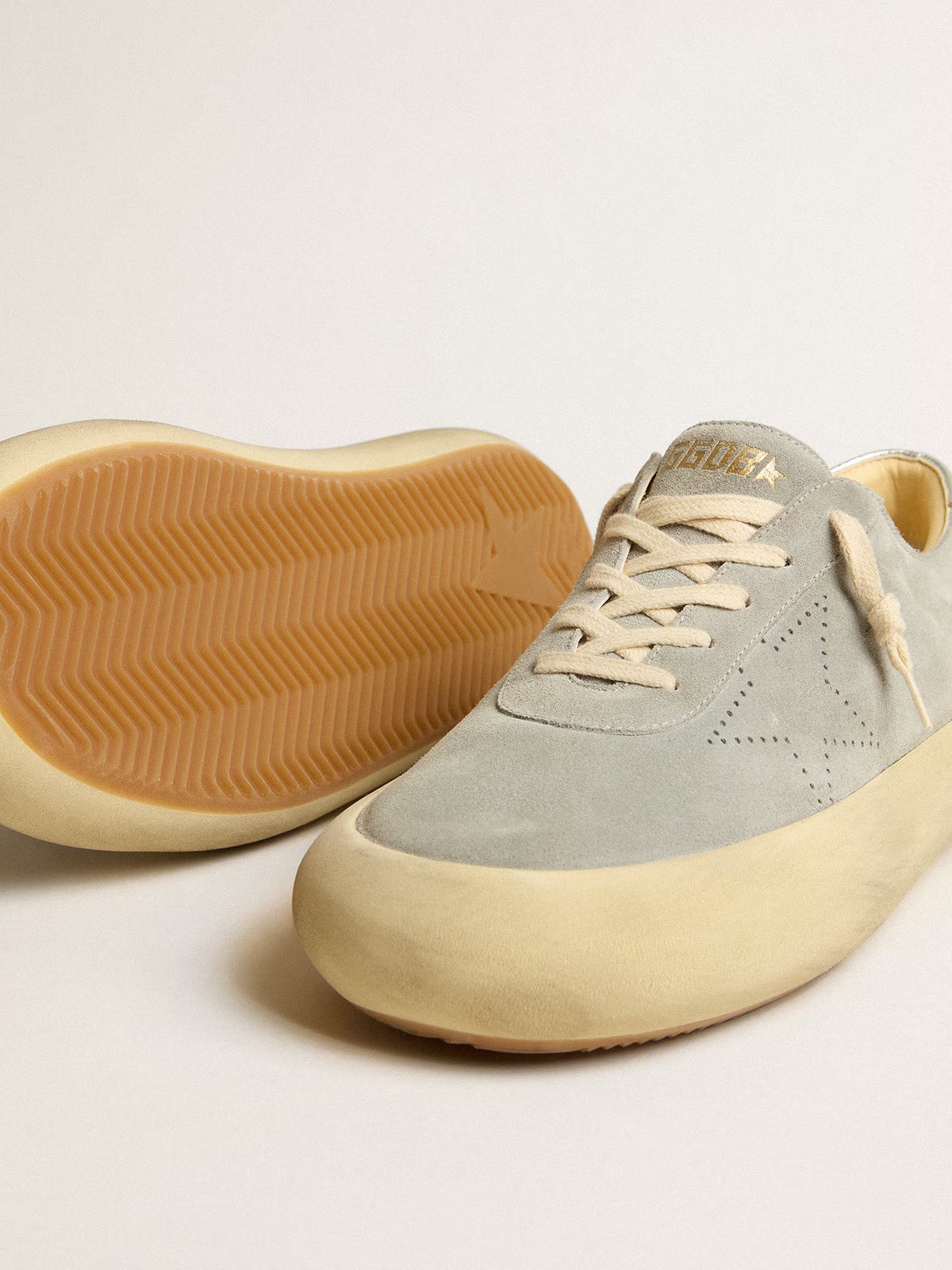 Golden Goose Space-Star shoes in ice-gray suede with perforated star