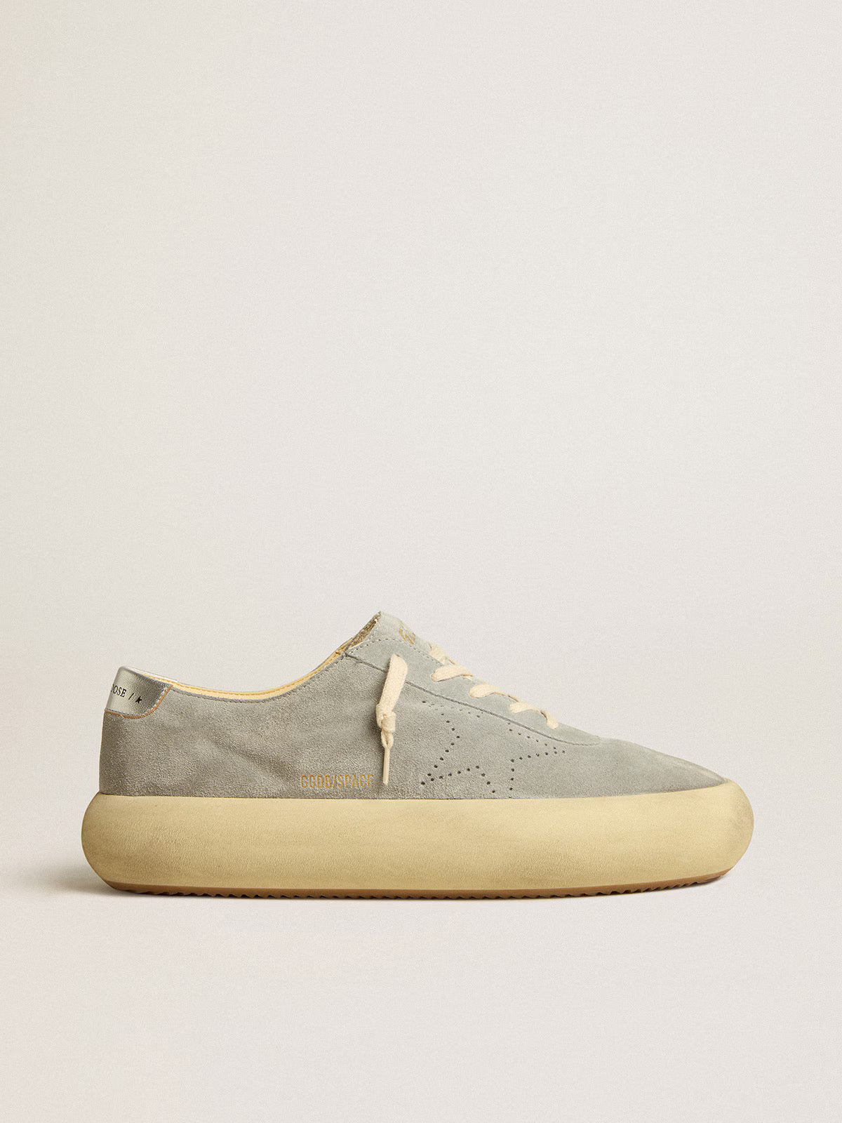 Golden Goose Space-Star shoes in ice-gray suede with perforated star