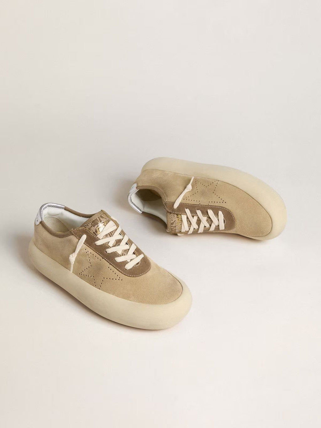 Golden Goose Space-Star in beige suede with perforated star and metallic silver heel tab