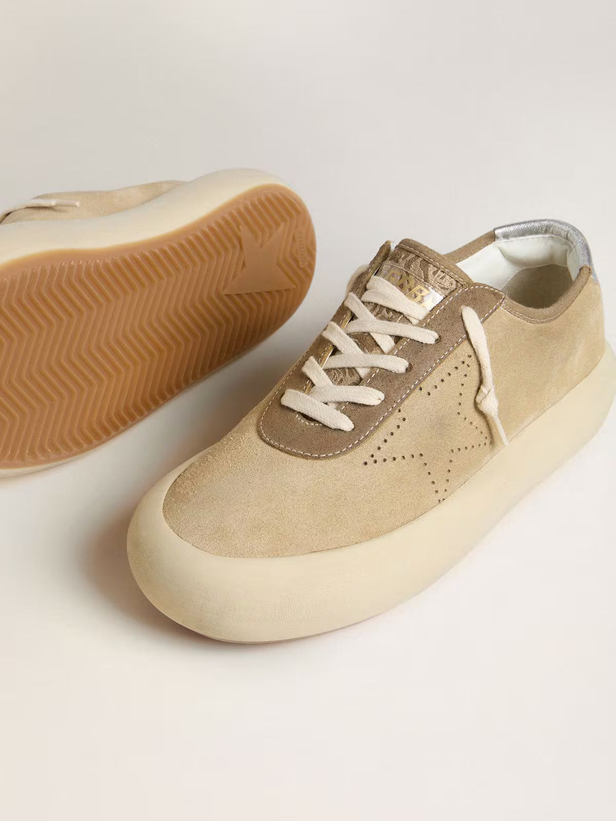 Golden Goose Space-Star in beige suede with perforated star and metallic silver heel tab