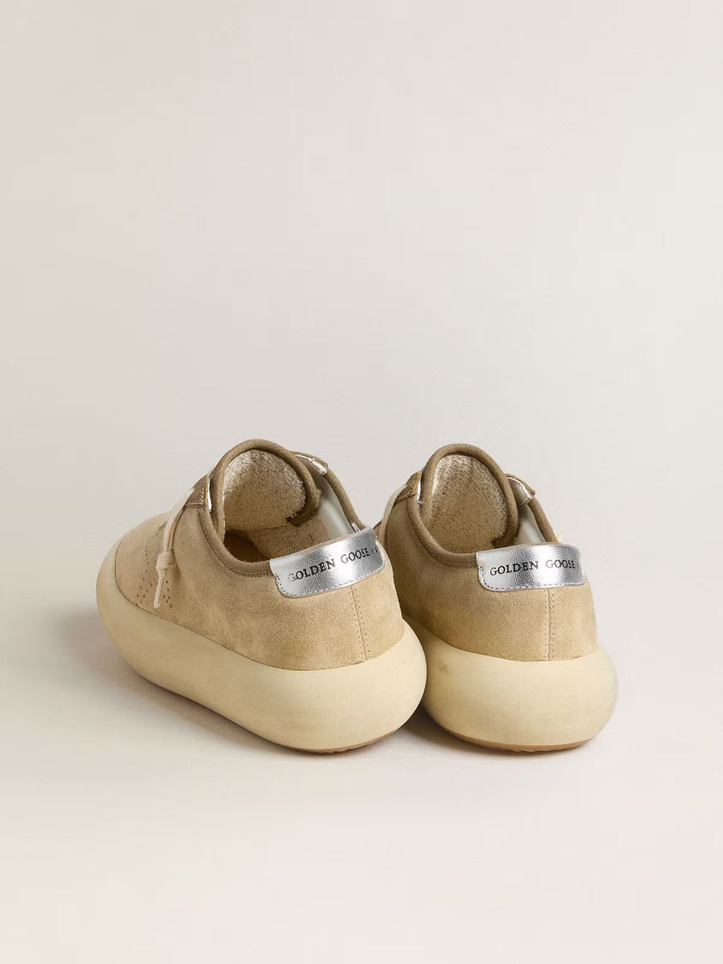 Golden Goose Space-Star in beige suede with perforated star and metallic silver heel tab