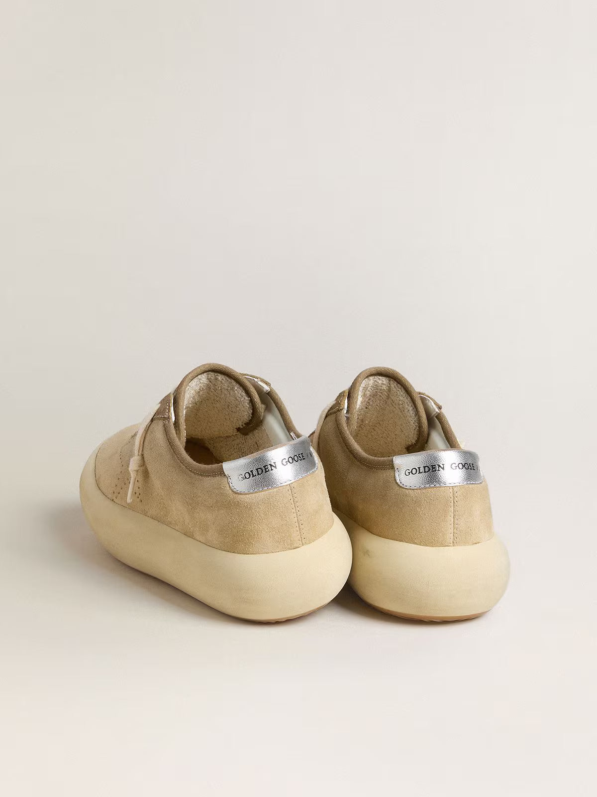 Golden Goose Space-Star in beige suede with perforated star and metallic silver heel tab