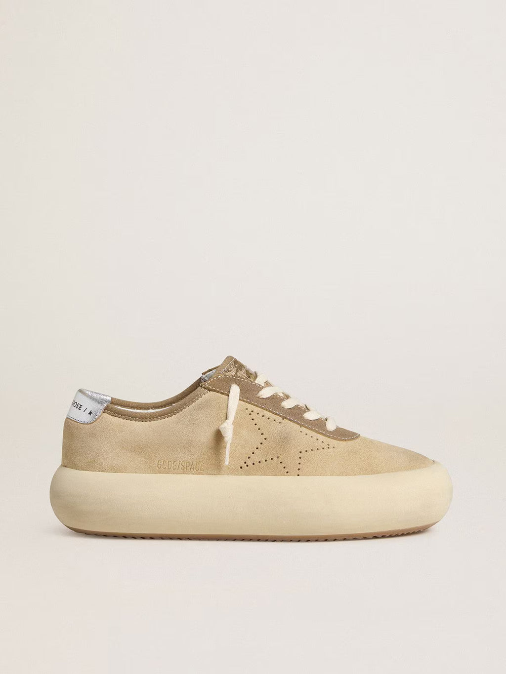 Golden Goose Space-Star in beige suede with perforated star and metallic silver heel tab
