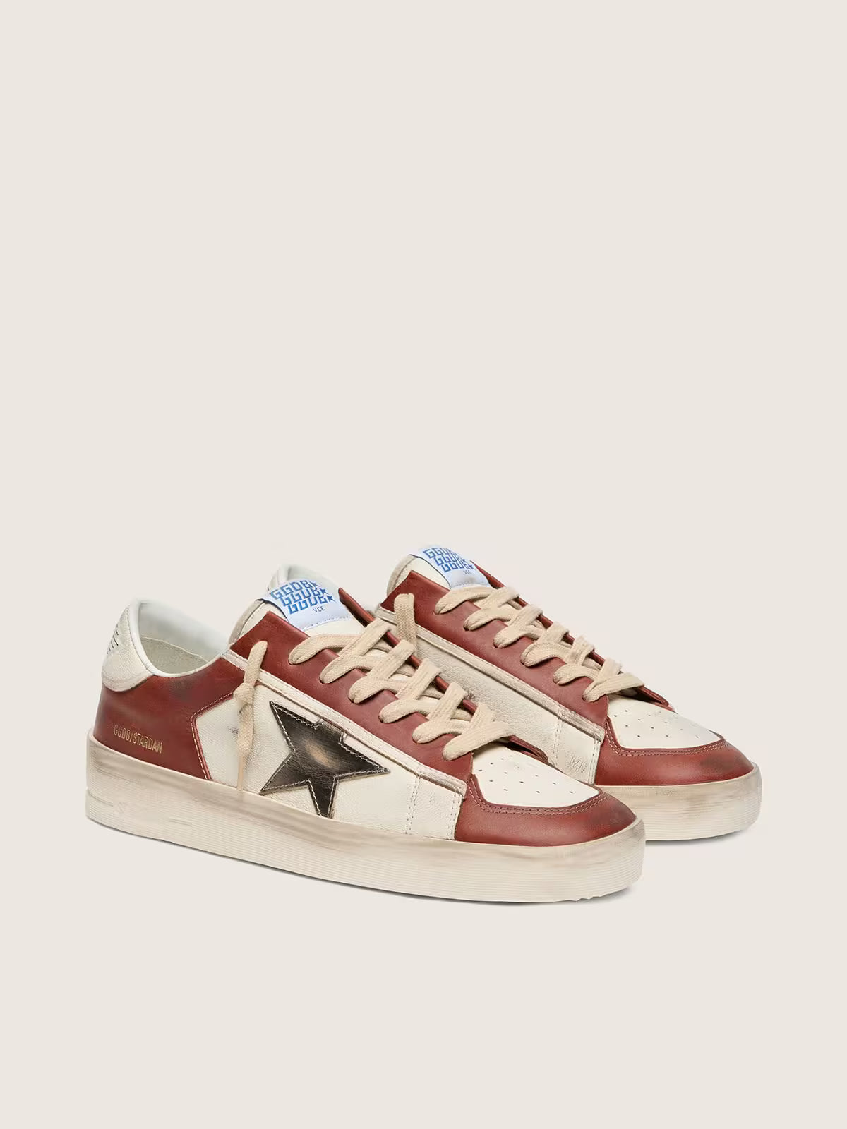 Golden Goose Stardan in white and brick-red leather with olive-green laminated leather star