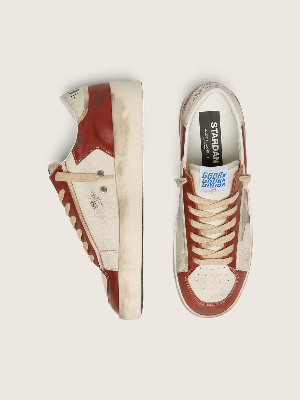 Golden Goose Stardan in white and brick-red leather with olive-green laminated leather star