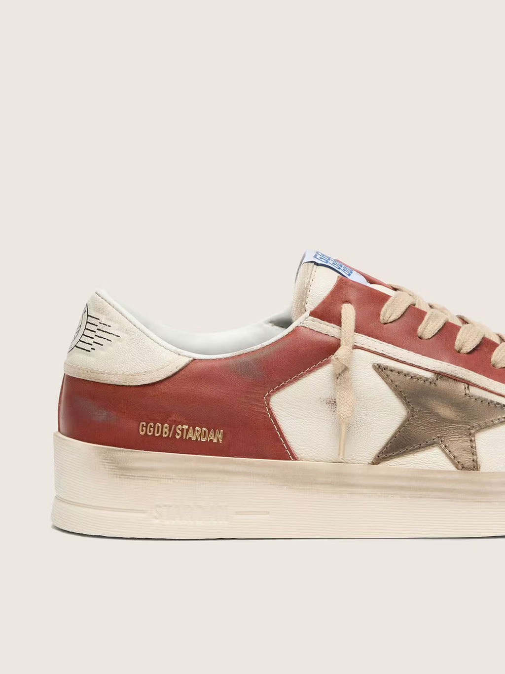 Golden Goose Stardan in white and brick-red leather with olive-green laminated leather star