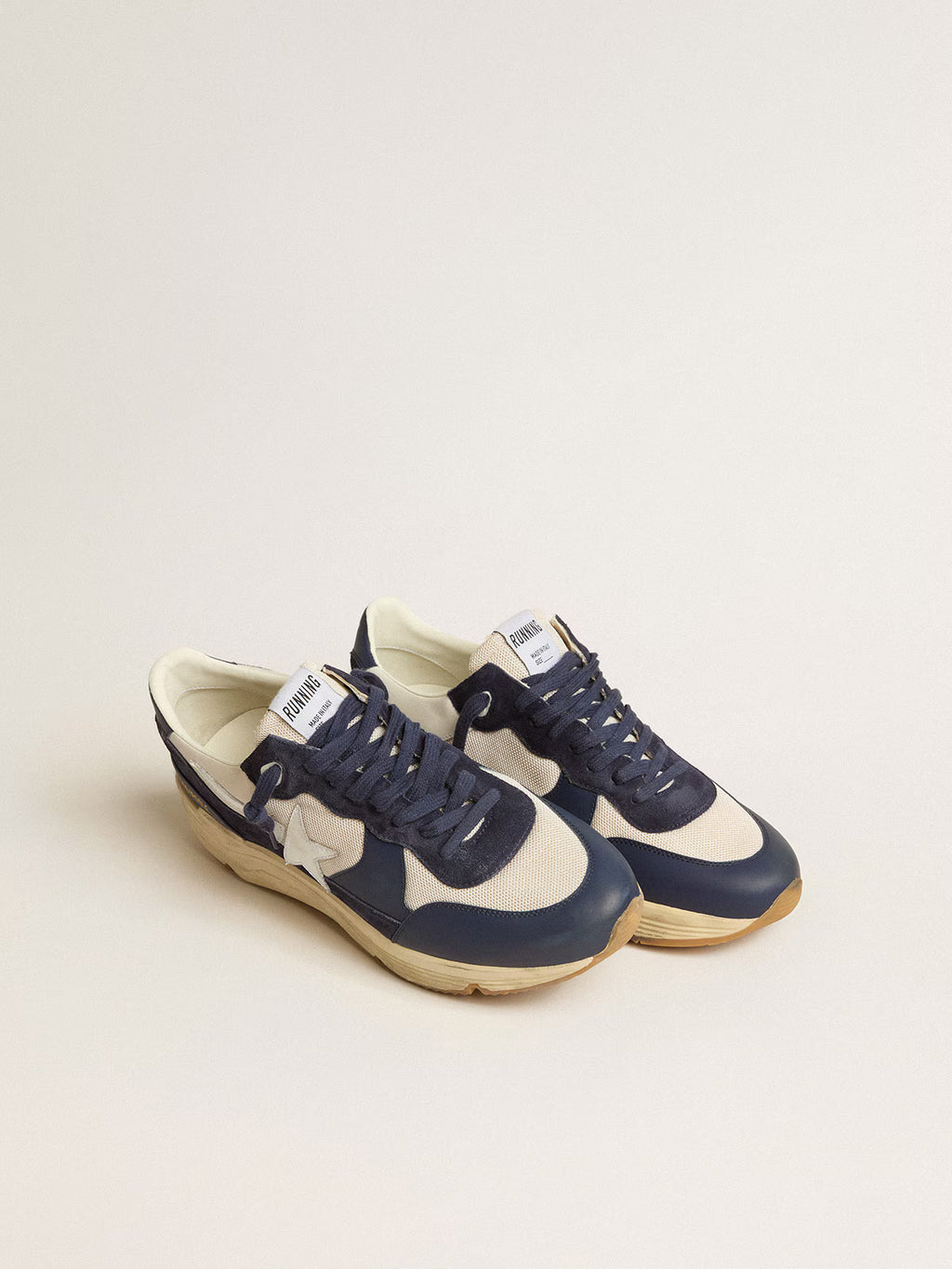 Golden Goose Sole in cream mesh and blue leather with a white leather star