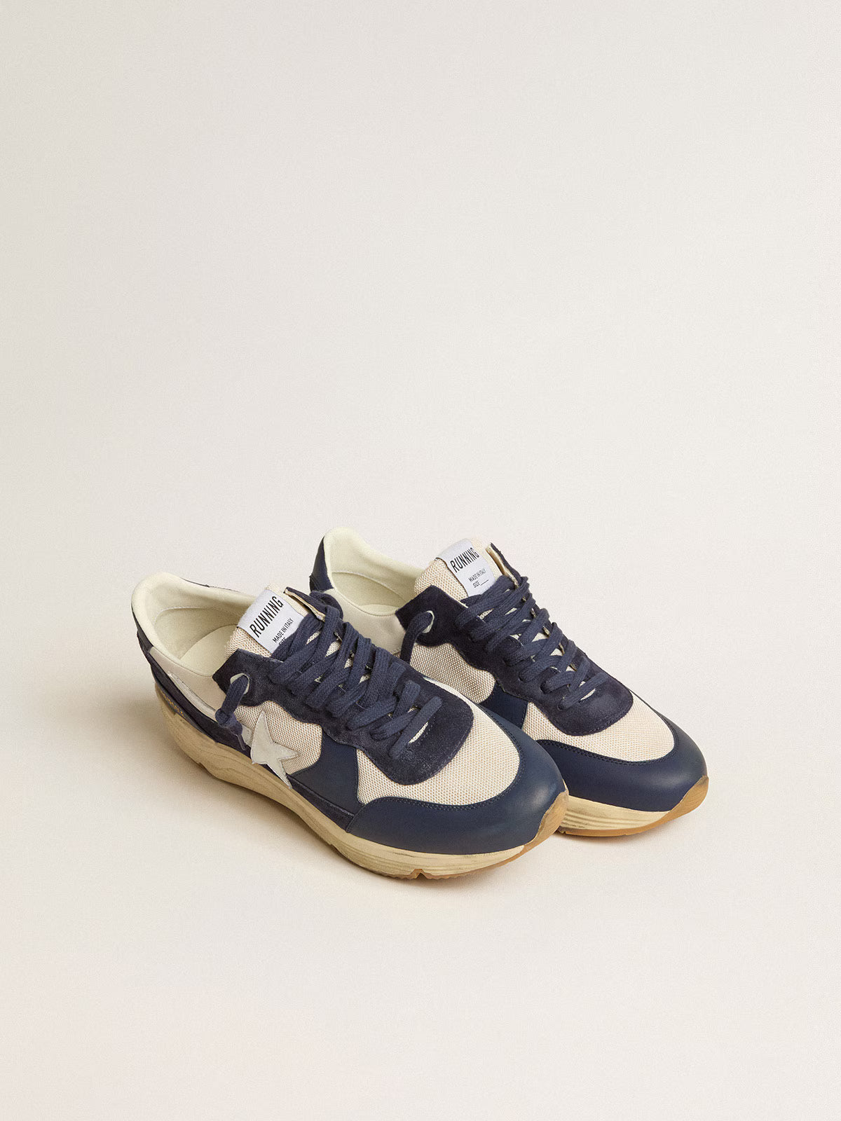 Golden Goose Sole in cream mesh and blue leather with a white leather star