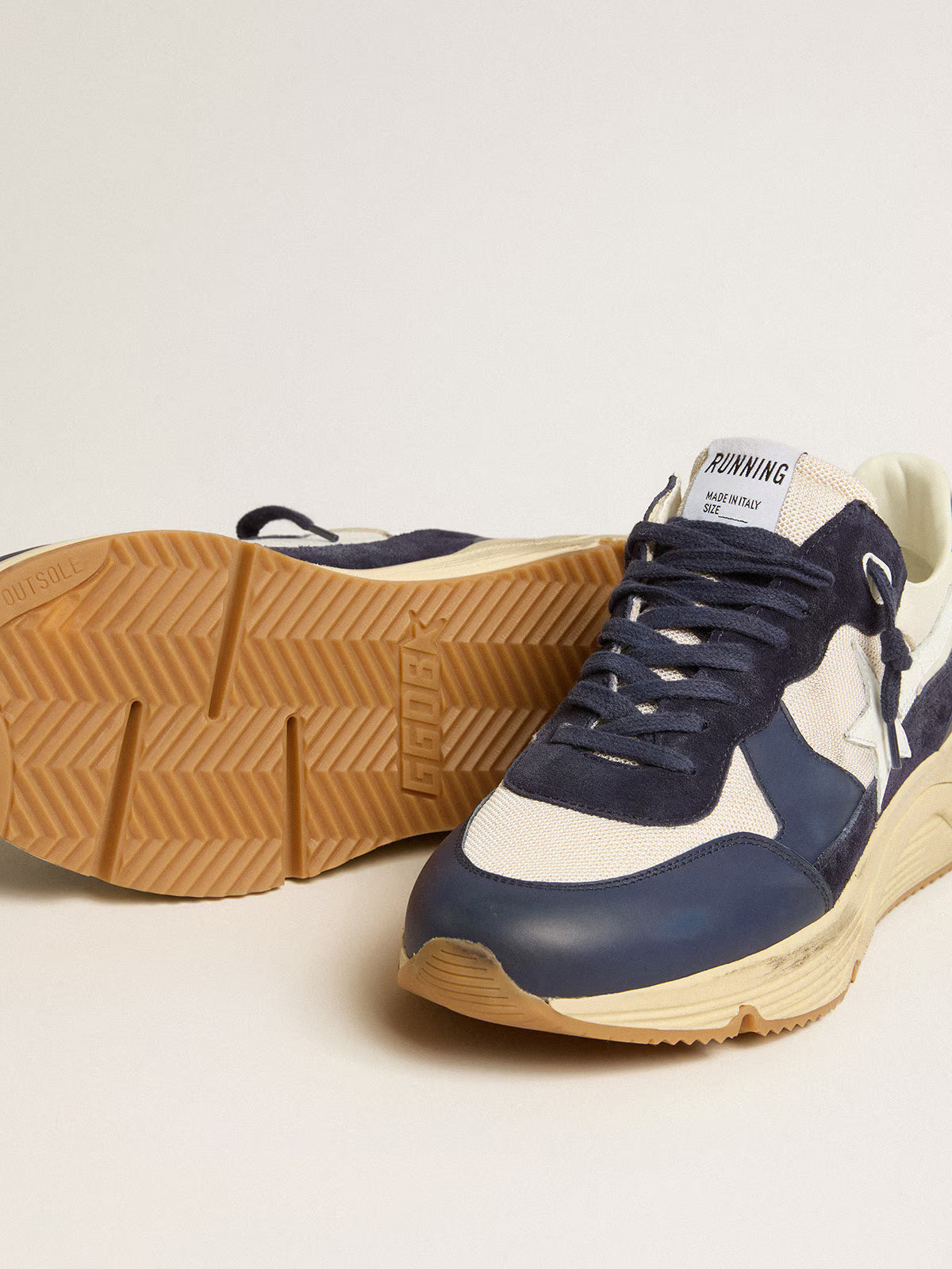 Golden Goose Sole in cream mesh and blue leather with a white leather star