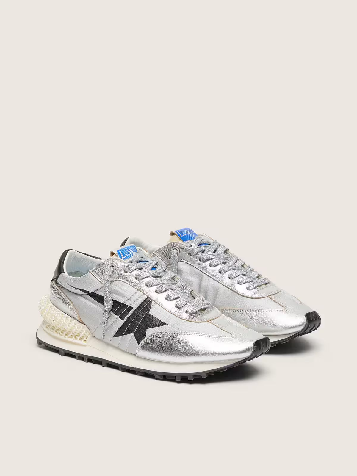 Golden Goose Marathon with silver ripstop nylon upper and black star