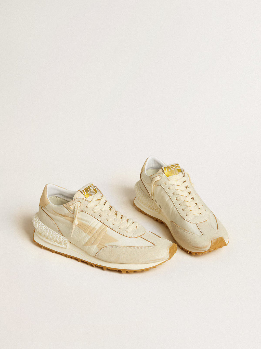 Golden Goose Marathon in beige nylon and gray leather with beige printed star