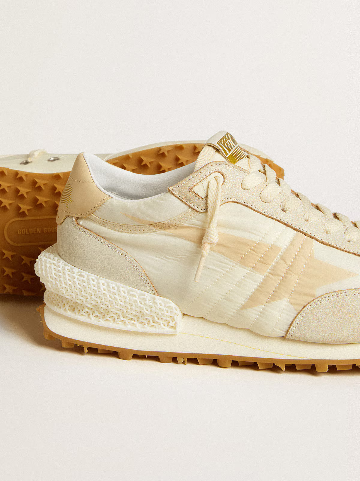 Golden Goose Marathon in beige nylon and gray leather with beige printed star