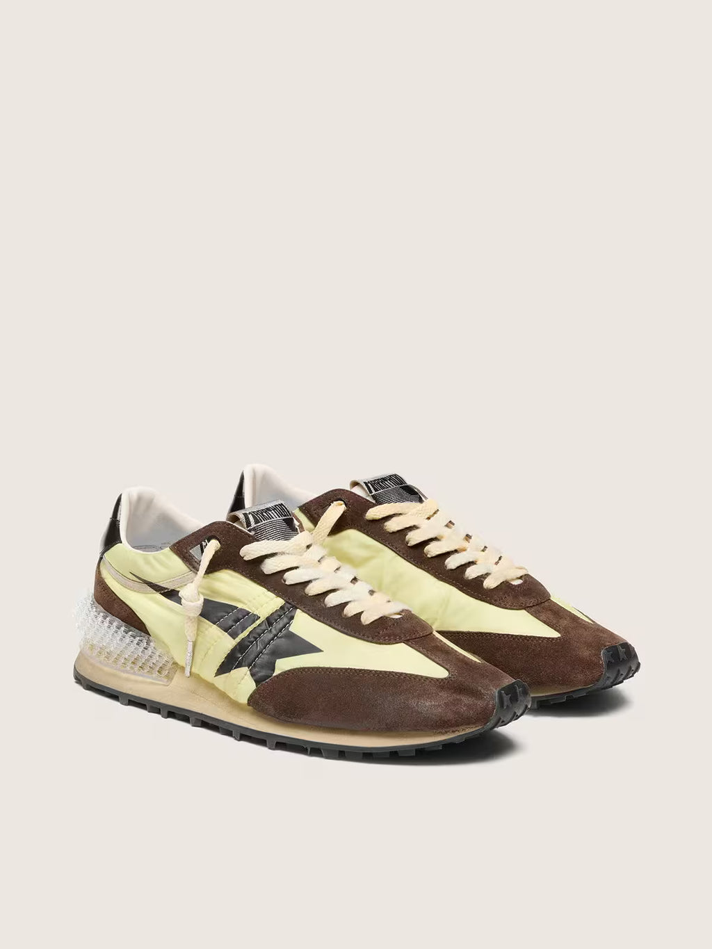 Golden Goose Marathon in lime-green nylon with black star and brown suede inserts