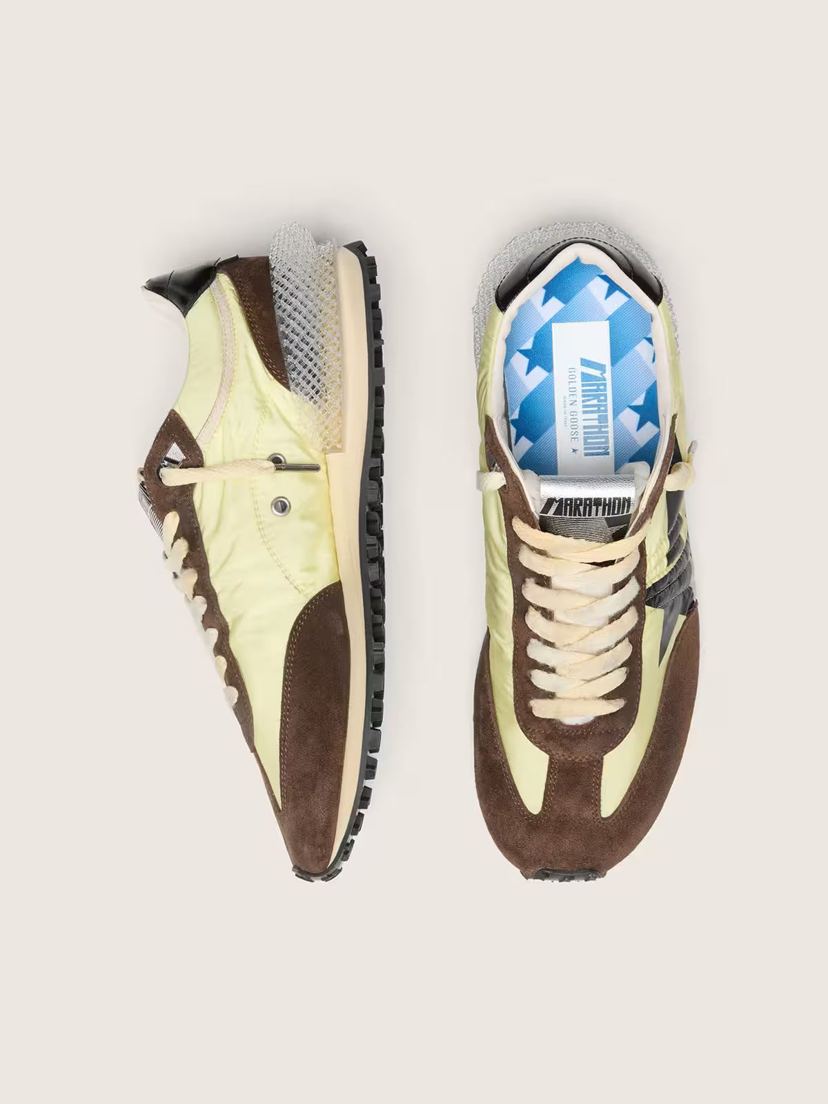 Golden Goose Marathon in lime-green nylon with black star and brown suede inserts
