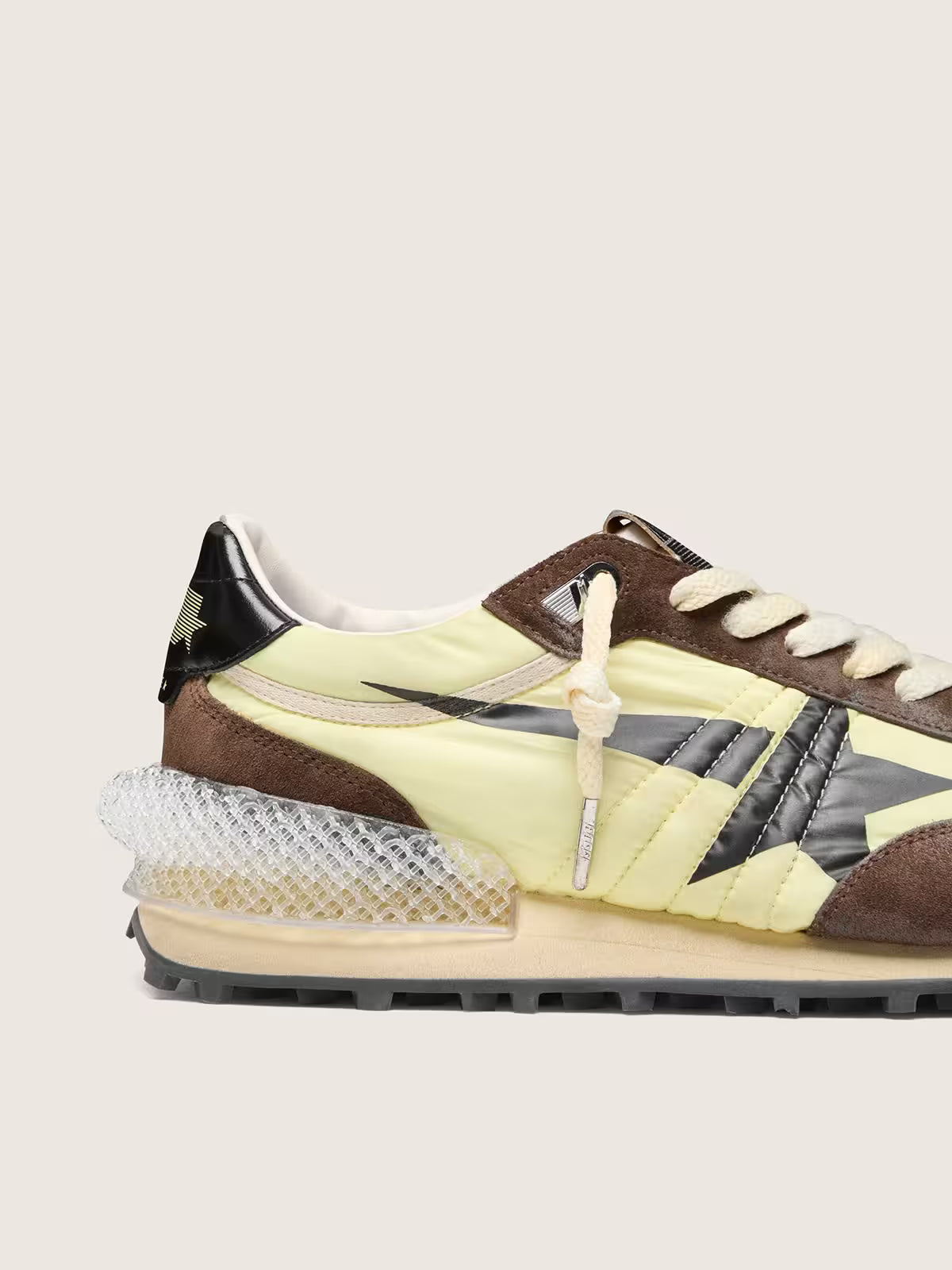 Golden Goose Marathon in lime-green nylon with black star and brown suede inserts