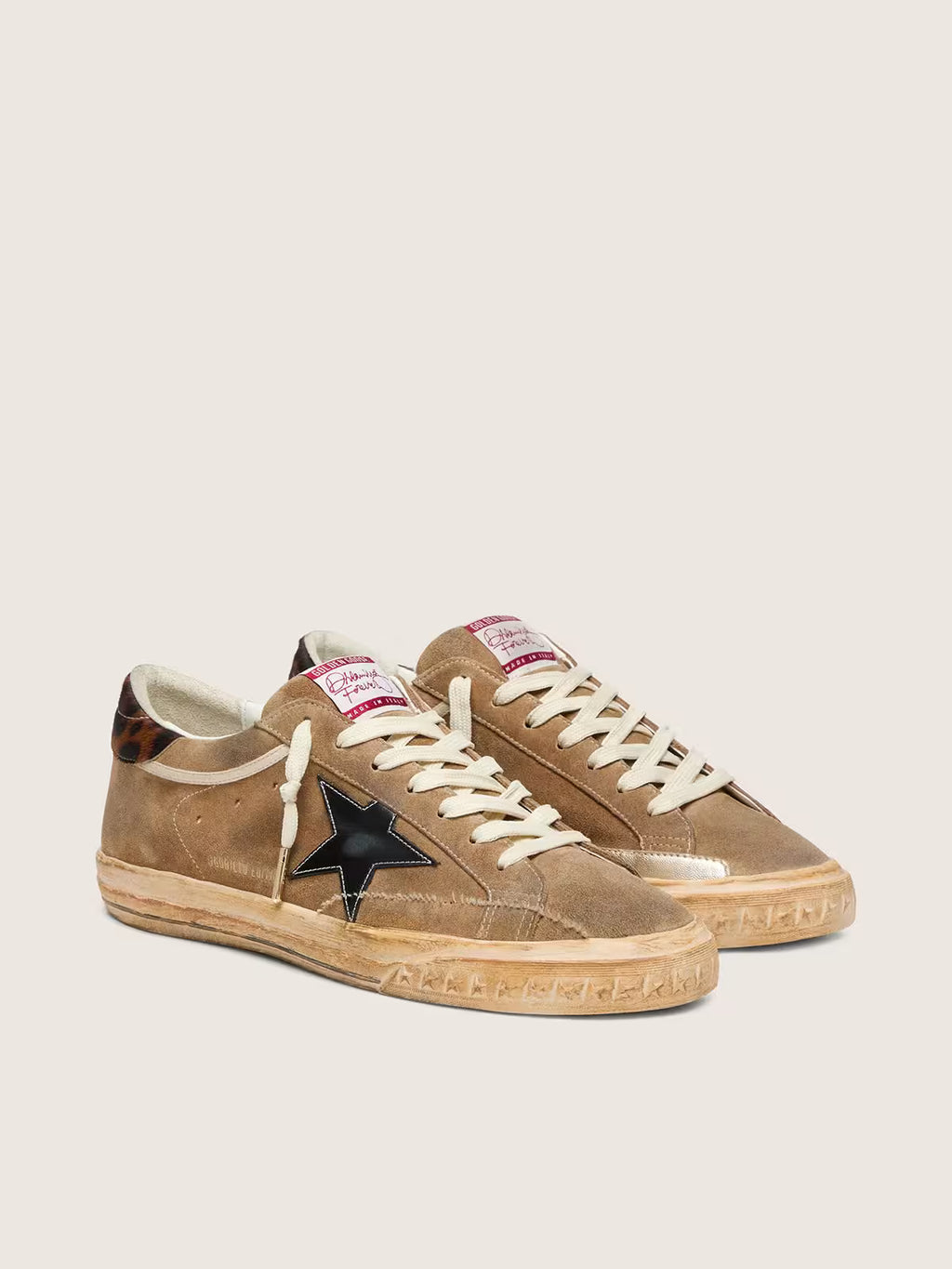 Golden Goose Super-Star LTD in tobacco suede with black star and animal-print heel