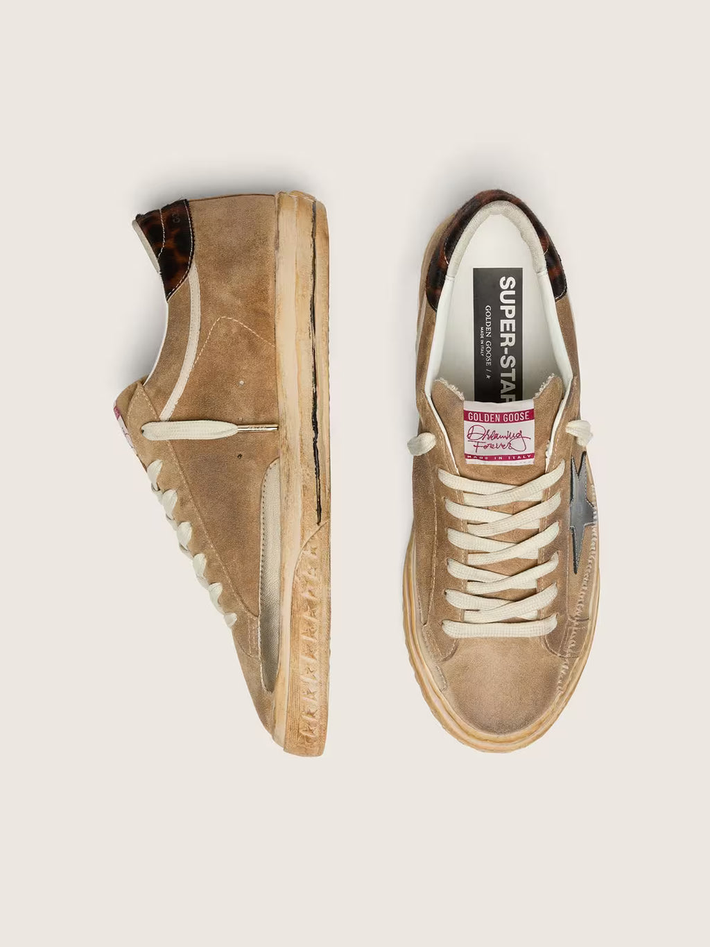 Golden Goose Super-Star LTD in tobacco suede with black star and animal-print heel