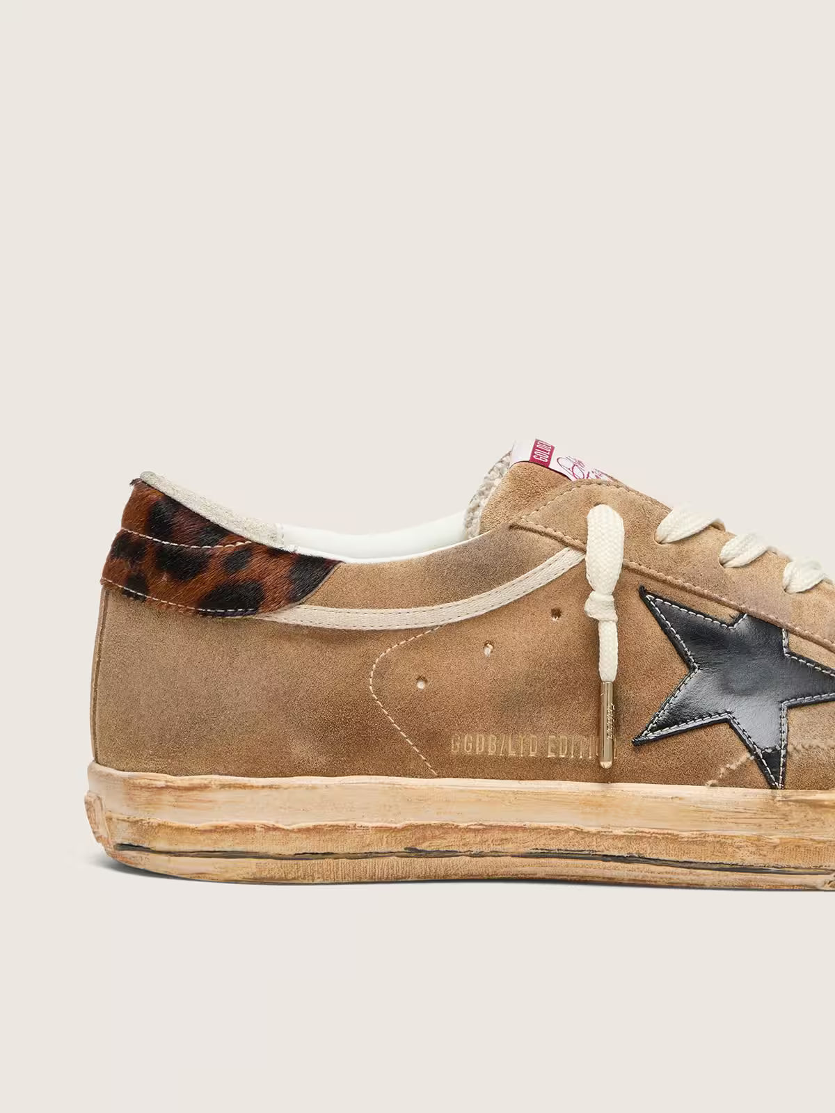 Golden Goose Super-Star LTD in tobacco suede with black star and animal-print heel