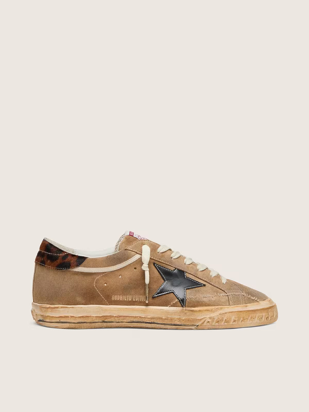 Golden Goose Super-Star LTD in tobacco suede with black star and animal-print heel