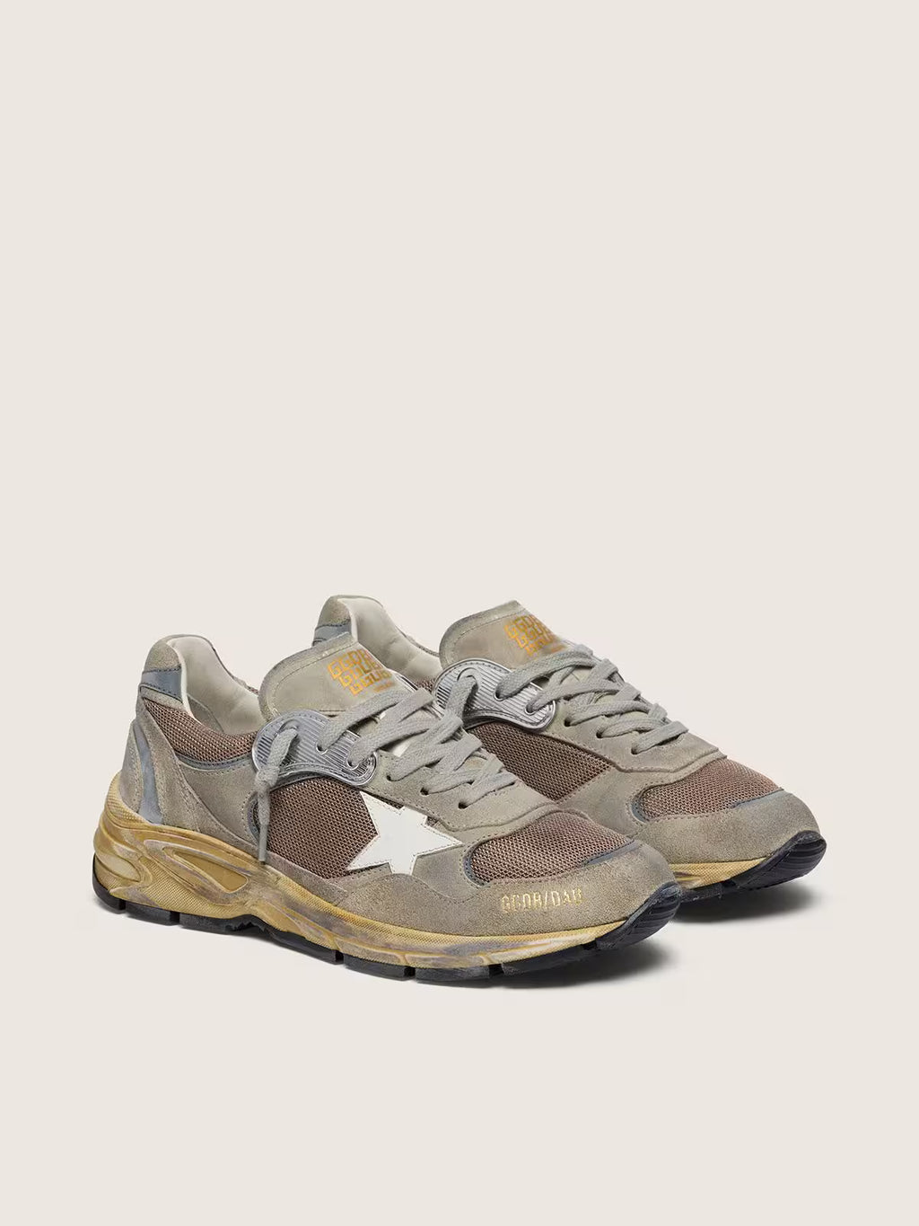 Golden Goose Dad-Star in dove-gray suede and silver mesh with white leather star and suede heel tab