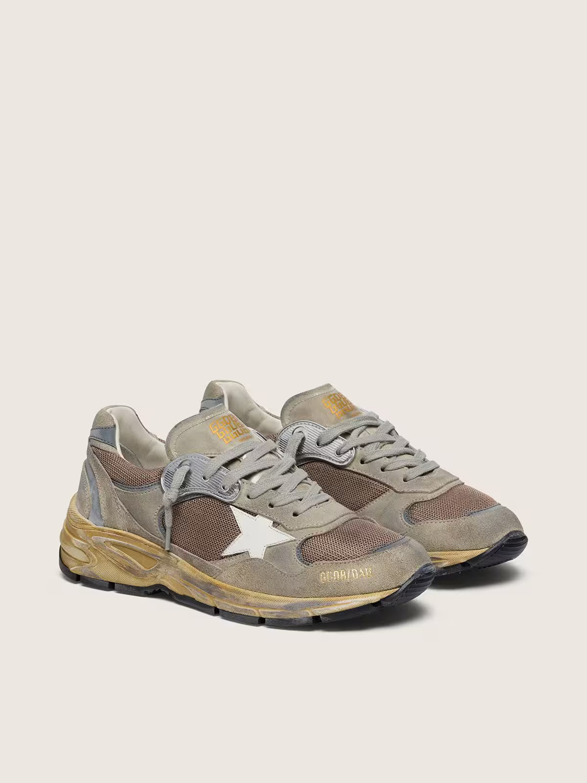 Golden Goose Dad-Star in dove-gray suede and silver mesh with white leather star and suede heel tab